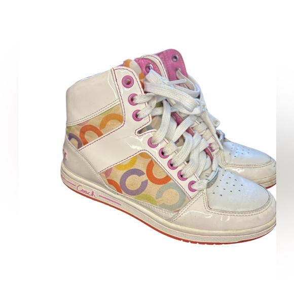 COACH women’s Vintage "Norra" Sneaker
High Tops white pink sz 6M preloved - Picture 1 of 11